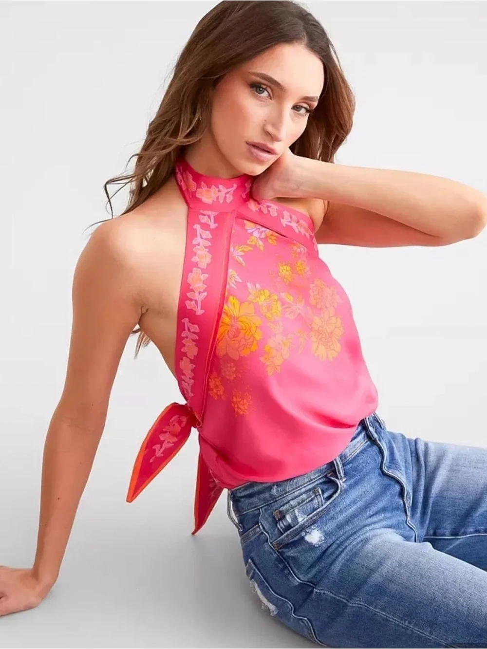 Free People Fuchsia Halter Backless Tie-Back Top - Picture 3 of 7